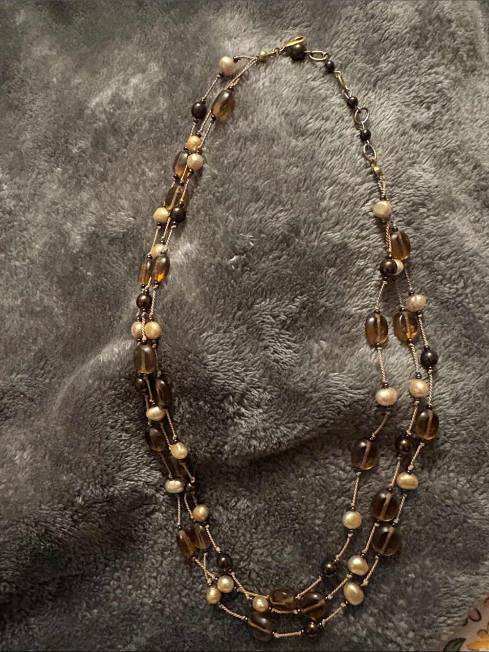 Three Strand Brown and Cream Beaded Necklace Pearls &  Clear Amber & Dark Amber